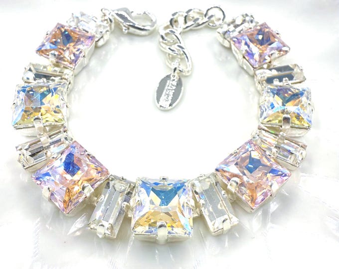 Swarovski Crystal Bracelet: Light Golden Shimmer Pink, Adjustable Bridal Jewelry