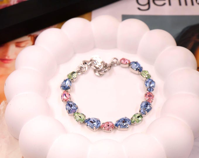 Retrofuturism Teardrops rose peridot light sopphire Austrian Crystal Bracelet - Gold Plated Bridal Jewelry