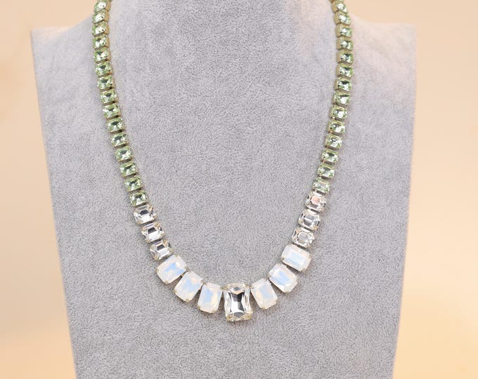 Boho Bridal Necklace: Light Green & White Protein Crystal Statement Jewelry