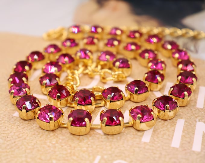 Fuchsia Crystal Tennis Necklace: Anna Wintour style Fuchsia Ombre Rainbow Boho Bridal Jewelry