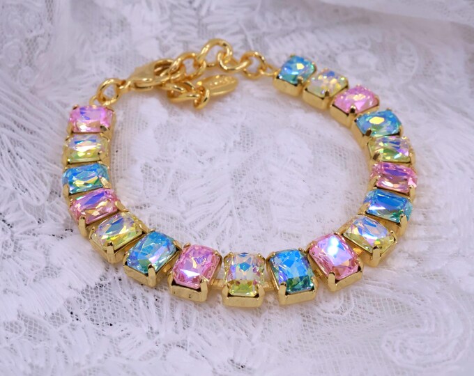 Rose pink, denim blue, olive green mixed color Austrian Crystal Bracelet - Silver Bridal Jewelry