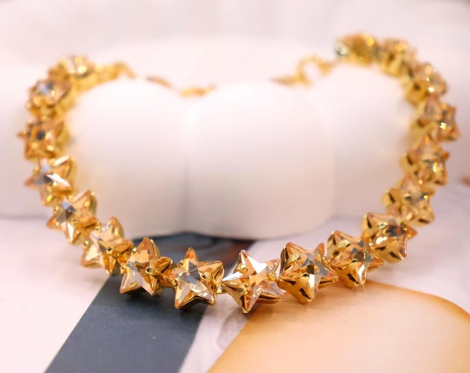 Champagne Gold Star Crystal Bracelet 7.5" - 18K Gold Plated Light Dance Jewelry - Museum-Grade Sparkle