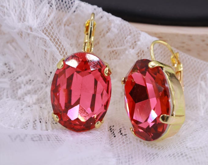 Oval Rose Red Austrian Crystal Bridal Earrings: 18k Rose Gold & Silver