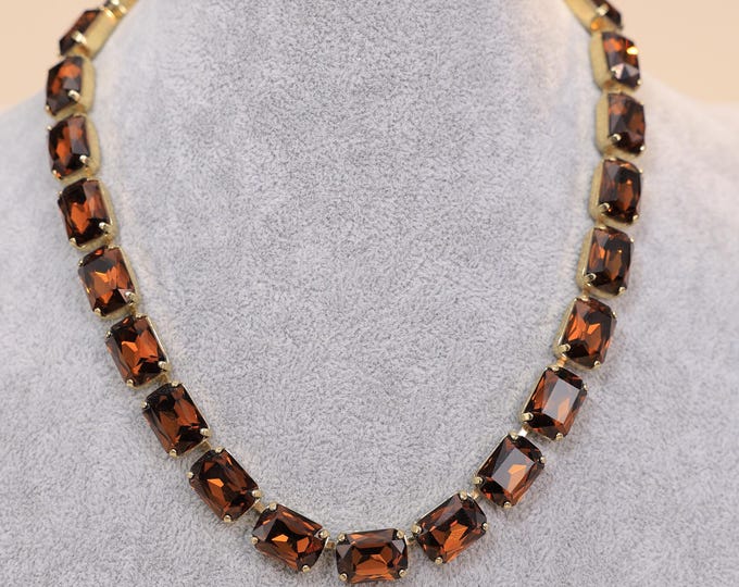 Lucky Amber Stone Necklace – Smoke Yellow Long Octagonal Austrian Crystal Cut, Wedding & Bridal Jewelry Gift Idea