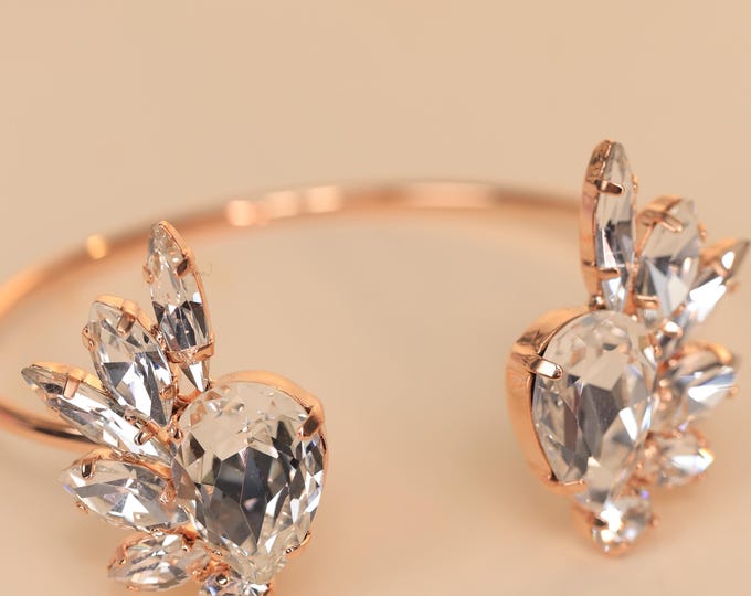 Rose gold Bridal Bracelet,open cuff bracelet,Timeless Jewelry for Brides and Mother’s Day Gifts,Adjustable Austrian Crystal Bracelet