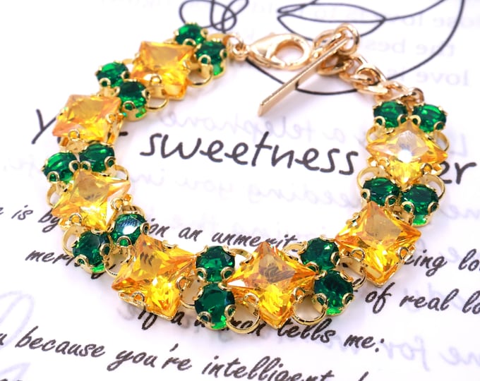 Austrian Crystal Bracelet:Sunflower Golden Crystal Colorful color mixing, Silver Adjustable Bridal Jewelry
