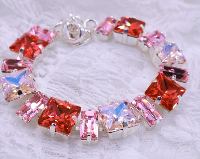 Swarovski Crystal Bracelet: Halloween Red, Cherry Blossom Pink, Adjustable Bridal Jewelry