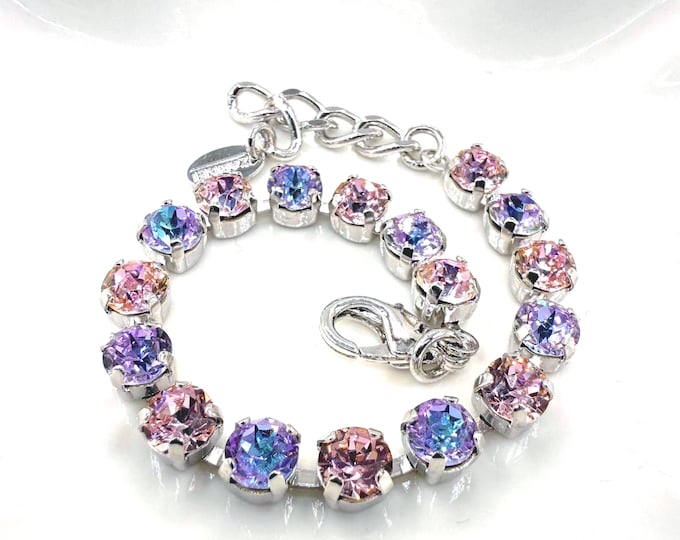 Austrian Crystal Bracelet:Violet Aurora, Sakura Pink Colorful color mixing, Adjustable Bridal Jewelry