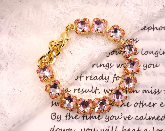Four-leaf Rose Pink Austrian Crystal Bracelet - Silver Bridal Jewelry