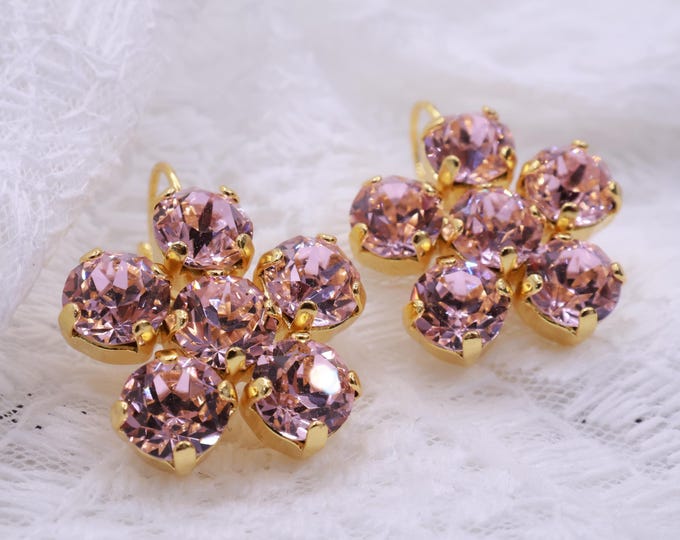 Rose Pink Austrian Crystal Flower Earrings: 18k Gold-Plated Bridal Jewelry