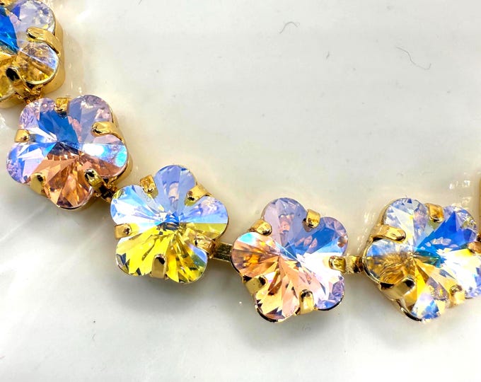 Gold Plated Austrian Crystal Bracelet: Sunflower & Cherry Blossom Pink