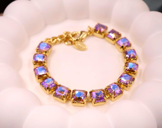 Purple Aurora Aspen Cut Austrian Crystal Bracelet - Gold Plated Bridal Jewelry