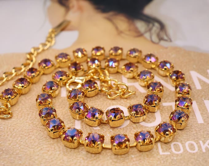 Light Purple Iridescence Crystal Tennis Necklace: Anna Wintour style Light Purple Iridescence Ombre Rainbow Boho Bridal Jewelry