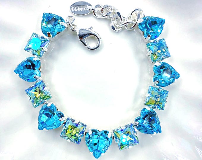 Light Turquoise Swarovski Crystal Bracelet: Combination of heart and square crystal,Adjustable Bridal Jewelry