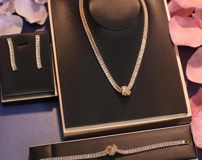 Complete Bridal Jewelry Set | Elegant Crystal Necklace, Earrings, and Bracelet for Weddings