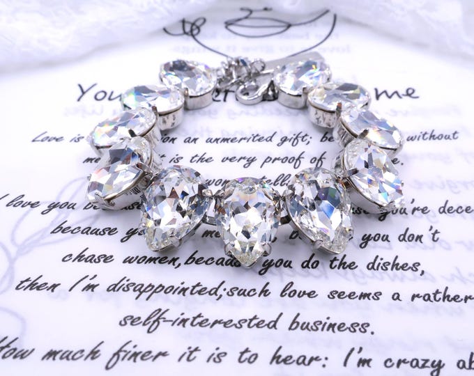 White Teardrop Austrian Crystal Bracelet - 18k Gold Bridal Jewelry