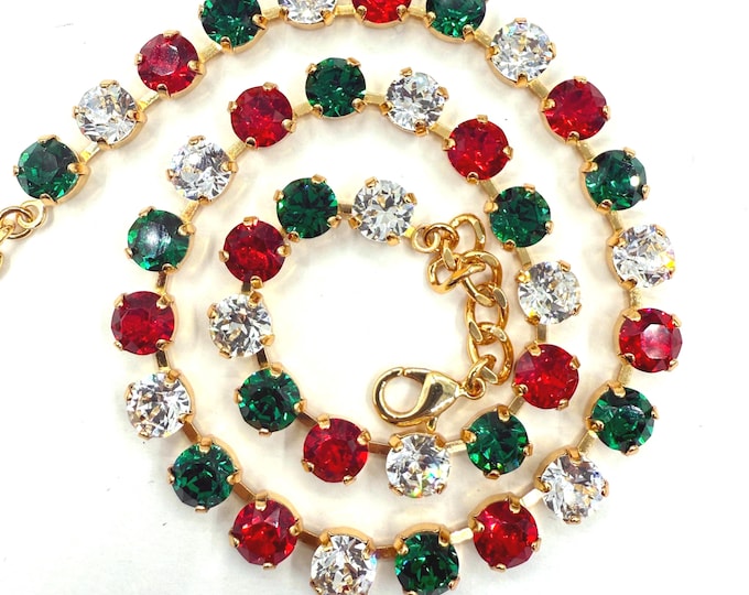 Emerald green, light red, white Crystal Christmas Tennis Necklace: Austrian Cut Bridal Jewelry