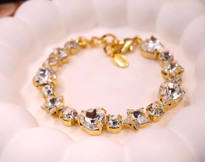 White Swarovski Crystal Bracelet: Pentagram, heart shape, round crystal combination gradient,Adjustable Bridal Jewelry