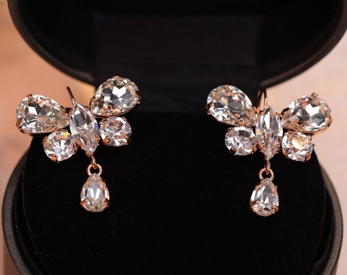Rose Gold Chandelier Earrings with Butterfly Flower Design, Water Drop Tassels, Bridal Accessory Featuring Austrian Crystal Cutting