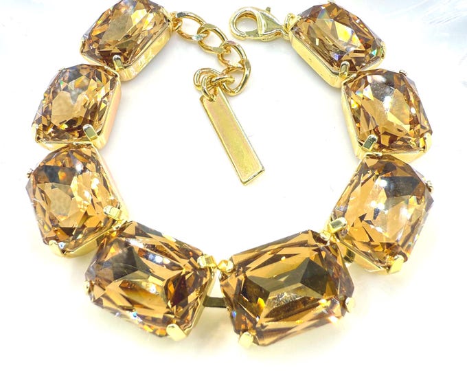 Light Smoky Yellow Topaz Maillard Style Austrian Crystal Bracelet - Silver Bridal Jewelry