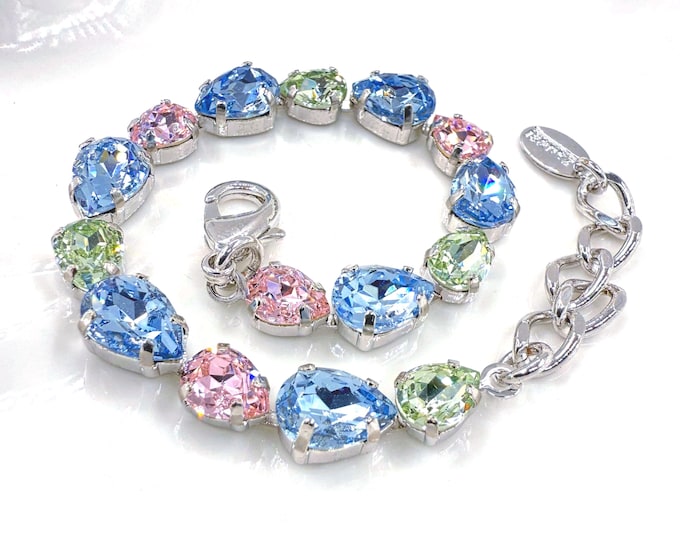 Retrofuturism Teardrops rose peridot light sopphire Austrian Crystal Bracelet - Gold Plated Bridal Jewelry
