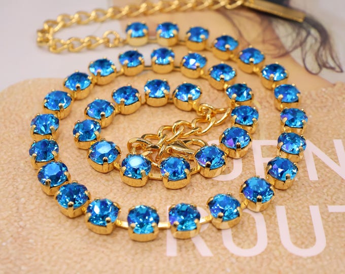 Blue Zircon Crystal Tennis Necklace: Blue Zircon Anna Wintour style necklace Ombre Rainbow Boho Bridal Jewelry