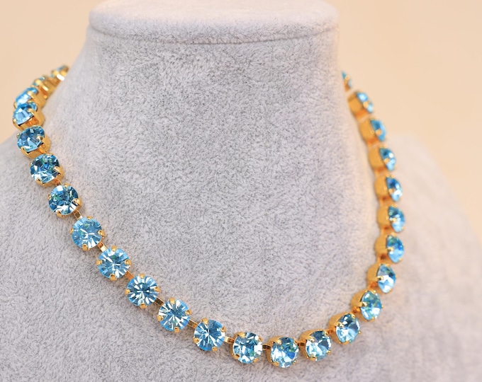 sapphire Crystal Tennis Necklace,Boho Rainbow Necklace for Brides – Statement Healing Jewelry with Lake blue crystal,Austrian Cutting