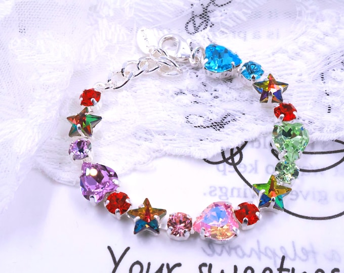 Colorful Candies Crystal Bracelet: Pentagram, heart shape, round crystal combination gradient,Adjustable Bridal Jewelry