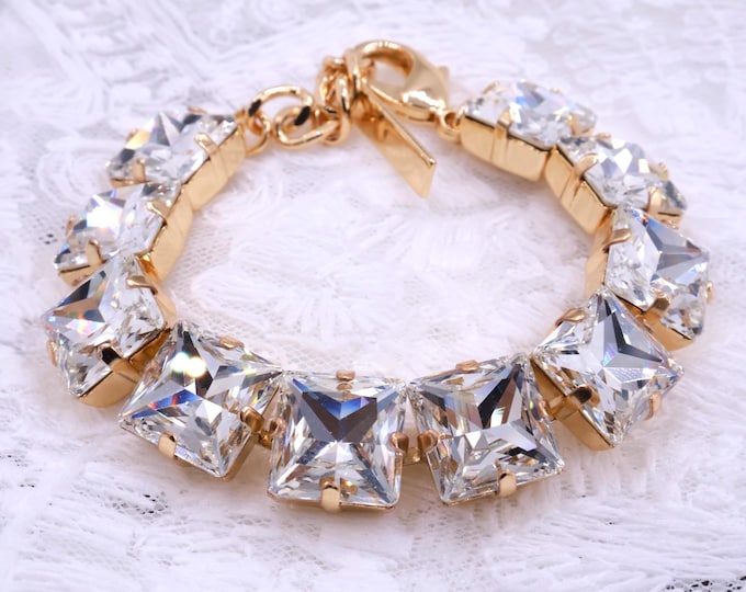 Austrian Crystal Bracelet:12x12mm square white crystal, Adjustable Bridal Jewelry