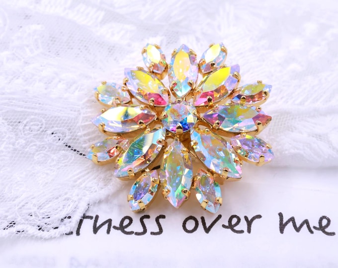 Antique Austrian Crystal Snowflake Brooch | Platinum Plated Art Deco Bridal Jewelry