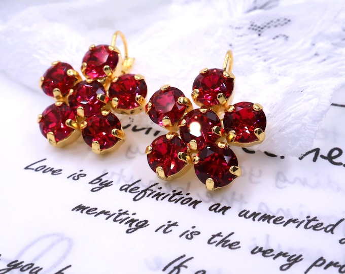 Flower Rose red Drop Earrings: Austrian Crystal Bridal Jewelry