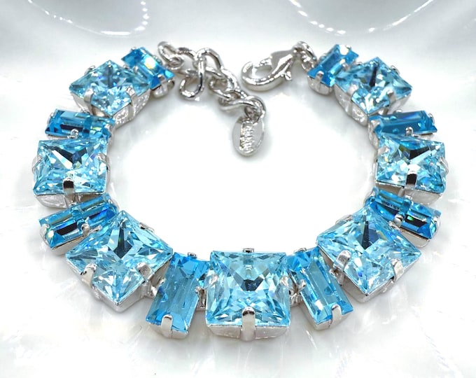 Light Turquoise Swarovski Crystal Bracelet: baguette and square crystal,Adjustable Bridal Jewelry