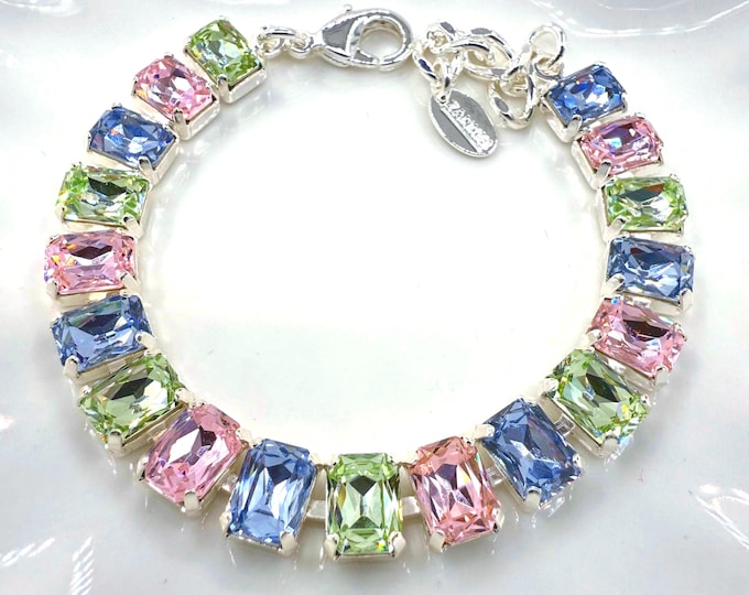Rose pink, denim blue, olive green mixed color Austrian Crystal Bracelet - Silver Bridal Jewelry