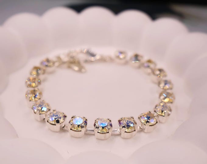 Austrian Crystal Bracelet:White Moonlight Aurora Mix, Adjustable Bridal Jewelry