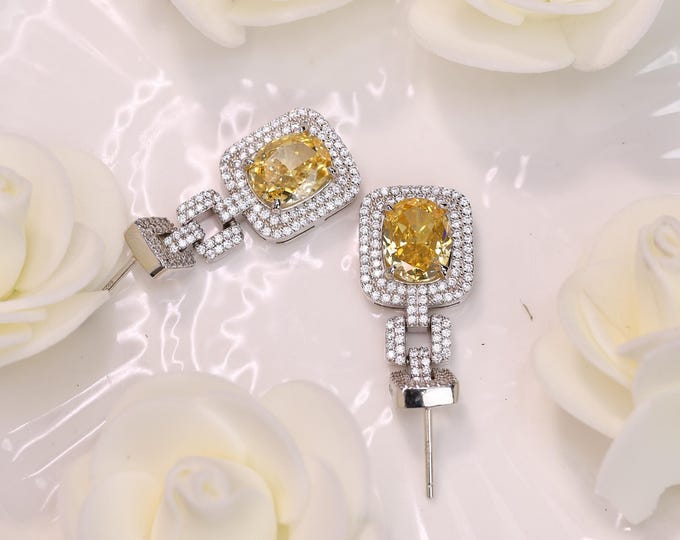 Bridal Silver Earrings with 10x14mm Pillow-Shaped Goose Yellow Crystal Austrian Crystal Cutting Process for Brides Wedding Anniversary Gifts