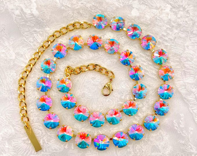 21 Inch AB Crystal Rainbow Necklace - 18K Gold Plated Holographic Chain - Layering Statement Jewelry