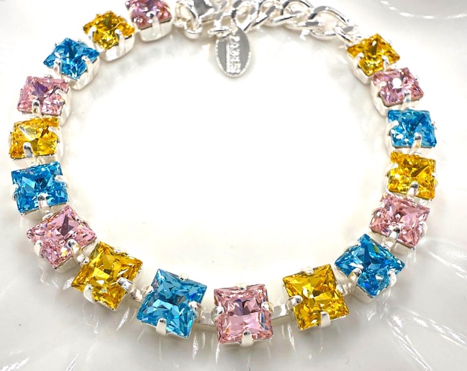 Austrian Crystal Bracelet:Sakura pink, deep lake blue, golden crystal mixed color, cherry blossom pink，Adjustable Bridal Jewelry