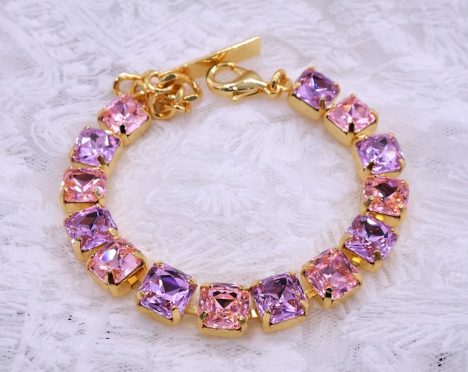 Violet rose pink mixed color Cut Austrian Crystal Bracelet - 18k Gold Bridal Jewelry
