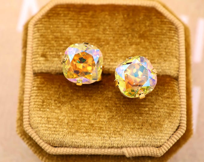 Austrian Golden iridescent crystal Square Cushion Crystal Chandelier Earrings: Bride and bridesmaids Wedding Jewelry