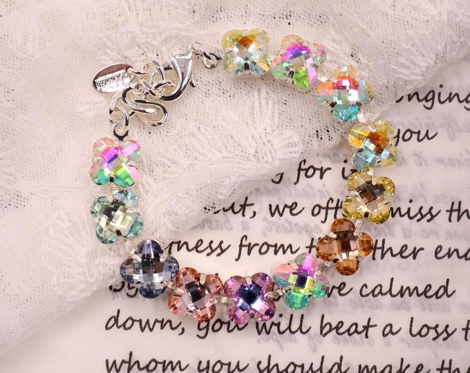 Four-leaf Aurora colorful mixed colors Austrian Crystal Bracelet - Silver Bridal Jewelry