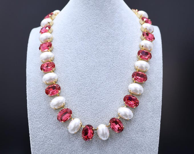 Pink Crystal White pearl Necklace: Anna Wintour-Inspired Bridal Jewelry