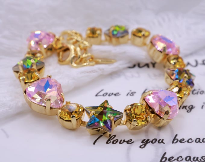 Colorful Candies Crystal Bracelet: Pentagram, heart shape, round crystal combination gradient,Adjustable Bridal Jewelry
