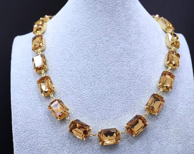 Champagne Gold Crystal Necklace: Octagonal Austrian Cut, 18k gold-Plated Brass