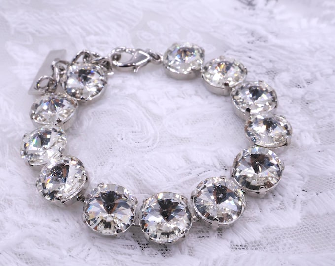 White Rivoli Austrian Crystal Bracelet - 18k Gold Bridal Jewelry