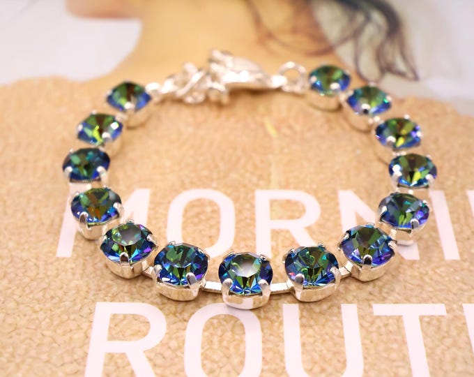 Blue Aurora Austrian Crystal Bracelet: Blue Bridal Jewelry, Adjustable Length