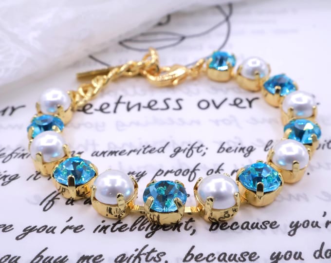 Ethereal Aqua Crystal Pearl Bracelet - 18K Gold Plated Freshwater Pearl - Delicate Bridal Jewelry Gift