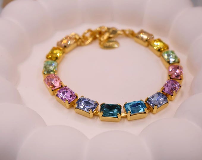 Rose pink, denim blue, olive green mixed color Austrian Crystal Bracelet - Silver Bridal Jewelry