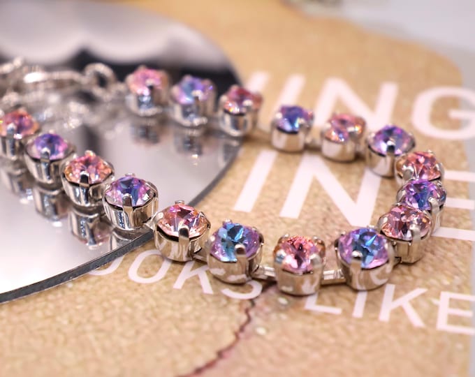 Austrian Crystal Bracelet:Violet Aurora, Sakura Pink Colorful color mixing, Adjustable Bridal Jewelry