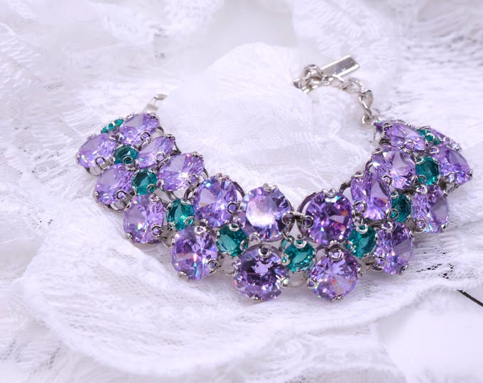 Austrian Crystal Bracelet:Violet Emerald Colorful color mixing, Adjustable Bridal Jewelry