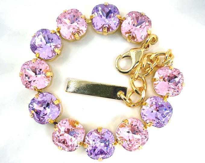 Swarovski Crystal Bracelet: Violet & Rose Pink, Adjustable Bridal Jewelry
